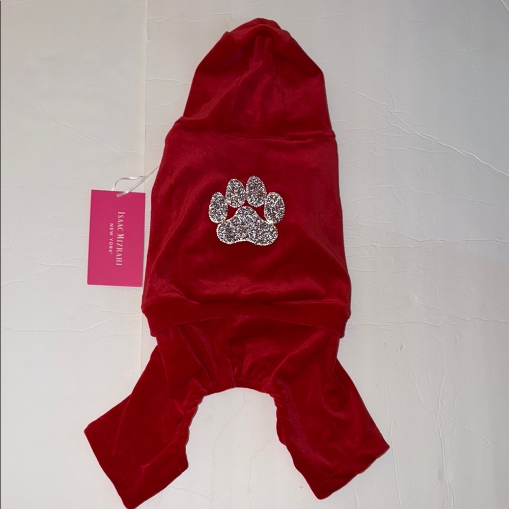 NWT Isaac Mizrahi Dog Red Velour Hoodie Tracksuit with Silver Paw Print Size M